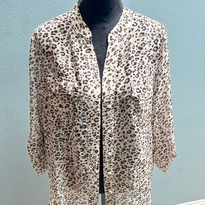 CHICO'S Sheer Layering Leopard Print Shirt Adjustable Sleeve - Size 2, Medium